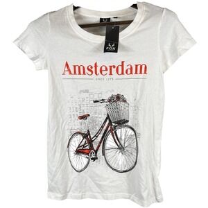 Fox Originals Womens XS Amsterdam Glitter Bicycle Graphic Tee White Travel NWT